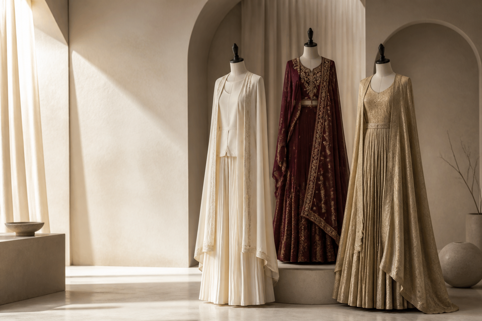 Three original ivory, burgundy and gold boutique looks displayed in an editorial studio