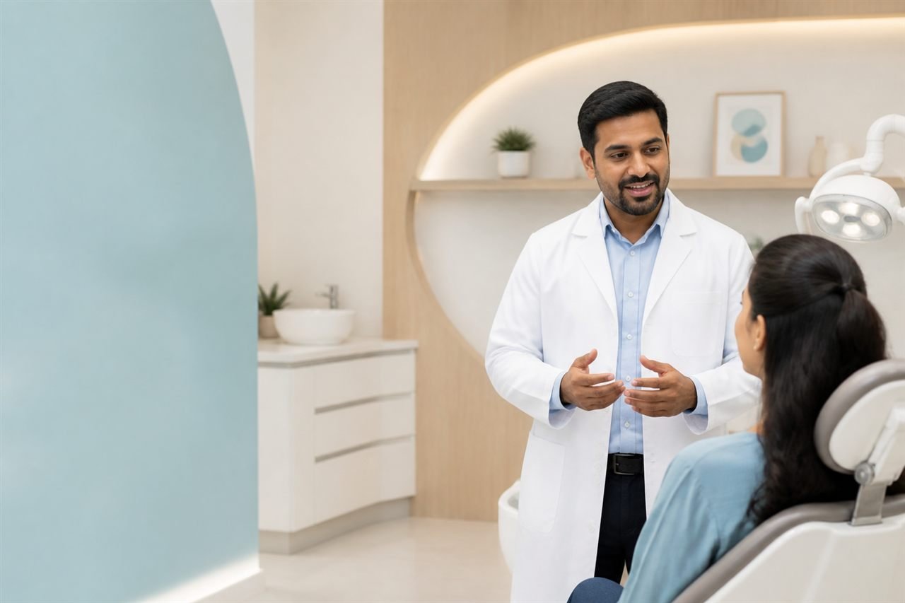 Dentist speaking with a patient in a calm modern clinic website concept