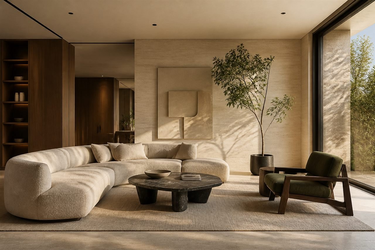 Warm contemporary living room in an editorial interior design website concept