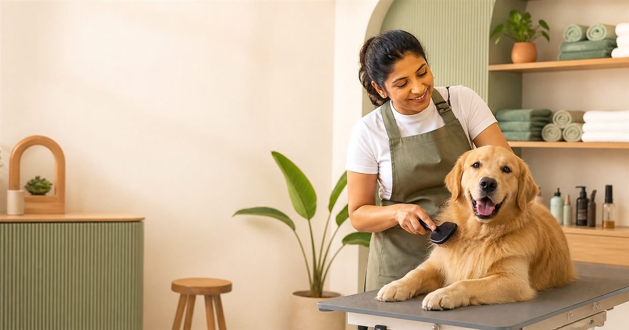 Pet groomer caring for a golden retriever in a warm premium studio