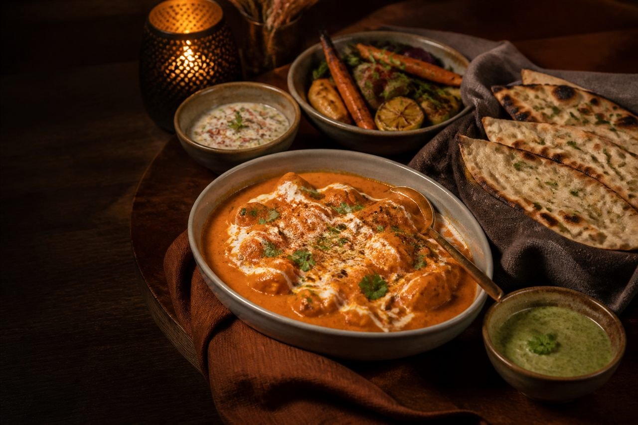 Premium Indian meal in a warm restaurant website concept