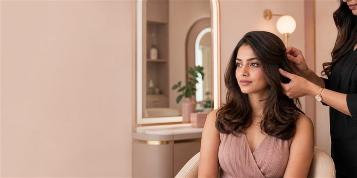 Elegant hair styling in a warm premium salon website concept